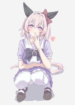 1girl animal_ears black_bow blush bow breasts closed_mouth curren_chan_(umamusume) ear_bow ear_covers ear_ornament grey_hair hair_between_eyes heart highres horse_ears horse_girl horse_tail large_breasts looking_at_viewer puffy_short_sleeves puffy_sleeves purple_eyes purple_sailor_collar purple_serafuku purple_shirt purple_skirt red_bow sailor_collar sailor_shirt school_uniform serafuku shirt shoes short_hair short_sleeves simple_background skirt smile solo squatting tail thighhighs tofu_thunder tracen_school_uniform umamusume white_sailor_collar white_skirt white_thighhighs