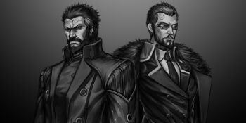 2boys absurdres adam_jensen beard berezovich_kryuger_(girls&#039;_frontline) coat coat_on_shoulders commentary_request cosplay costume_switch crossover deus_ex deus_ex:_human_revolution facial_hair fur-trimmed_coat fur_trim girls&#039;_frontline goatee gradient_background greyscale griffin_&amp;_kryuger_military_uniform highres jacket jing_meng_li looking_at_viewer male_focus military military_uniform monochrome multiple_boys necktie scar scar_on_face short_hair sunglasses upper_body