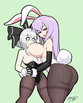 2girls animal_ears ass black_gloves blue_eyes breasts fake_animal_ears female_focus gloves huge_ass huge_breasts konpaku_youmu large_breasts looking_at_viewer multiple_girls playboy_bunny purple_hair rabbit_ears rabbit_girl rabbit_tail red_eyes reisen_udongein_inaba thick_thighs thighs touhou white_gloves white_hair white_wrist_cuffs wrist_cuffs zedrin