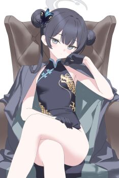 Rule 34 | 1girl, armpits, black dress, black gloves, black hair, blue archive, blush, breasts, butterfly hair ornament, chair, china dress, chinese clothes, closed mouth, commentary, crossed legs, dhokidoki, double bun, dragon print, dress, gloves, grey eyes, grey halo, grey jacket, hair between eyes, hair bun, hair ornament, halo, hand up, hashtag-only commentary, jacket, kisaki (blue archive), long hair, looking at viewer, sitting, sleeveless, sleeveless dress, small breasts, solo, twintails, untranslatable commentary, very long hair, white background