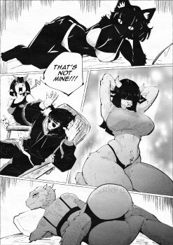 1boy 4girls absolute_cinema_(meme) absurdres animal_ears arms_behind_head arms_up ass body_fur bra breasts cat_girl cleavage closed_mouth commentary cow_ears cow_girl cow_horns english_commentary english_text furry furry_female greyscale highres horns large_breasts long_hair looking_at_viewer lying meme miregeist monochrome multiple_girls on_side original panties reptile_girl scales short_hair smile speech_bubble sports_bra tail talking underwear