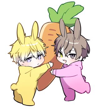 2boys alban_knox animal_costume animal_ears blonde_hair blue_eyes blush brown_hair carrot chibi commentary_request frown full_body grey_eyes heterochromia highres holding holding_carrot long_sleeves looking_at_viewer male_focus multiple_boys nana72710193 nijisanji nijisanji_en open_mouth rabbit_boy rabbit_costume rabbit_ears rabbit_tail simple_background smile sonny_brisko tail virtual_youtuber white_background yellow_eyes