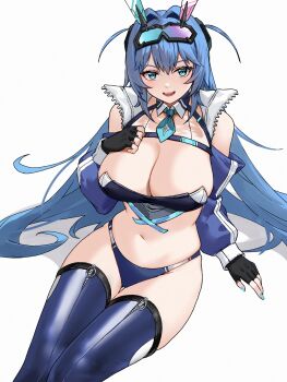 1girl :d azur_lane bandeau bare_shoulders bikini black_gloves blue_bandeau blue_bikini blue_eyes blue_hair blue_nails blue_necktie blue_shrug blue_thighhighs breasts chinese_commentary cleavage clothing_cutout commentary_request detached_collar eyewear_on_head fingerless_gloves gloves gradient-tinted_eyewear hair_between_eyes hair_intakes highres large_breasts long_hair looking_at_viewer navel necktie new_jersey_(azur_lane) new_jersey_(black_blur_prelude)_(azur_lane) official_alternate_costume open_mouth race_queen shadow shidiancijianongpao short_necktie shoulder_cutout shrug_(clothing) sidelocks simple_background sitting skindentation smile solo stomach swimsuit teeth thighhighs tinted_eyewear upper_teeth_only very_long_hair white_background zipper zipper_pull_tab