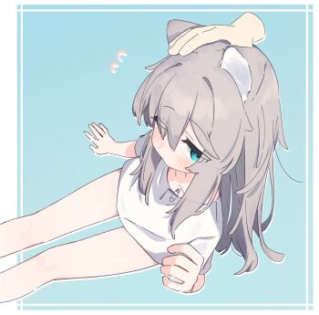 1girl 1other animal_ear_fluff animal_ears blue_background blue_eyes blush border closed_mouth collarbone commentary_request disembodied_hand feet_out_of_frame flying_sweatdrops from_above headpat highres long_hair one_eye_closed original riya_(01214) safety_pin shirt short_sleeves sitting solo_focus very_long_hair white_border white_shirt