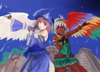 2girls architecture asatsuki_(cookie) aztec bare_shoulders black_gloves black_hairband blue_eyes blue_kimono blue_sky breasts brown_gloves bug butterfly cleavage commentary_request cookie_(touhou) cowboy_shot dark-skinned_female dark_skin dress facepaint feathered_wings feathers fingerless_gloves flower game_console gloves green_dress hair_flower hair_ornament hairband hat hitodama holding holding_microphone insect japanese_clothes kimono konpaku_youmu long_sleeves looking_at_viewer mesoamerica mesoamerican_architecture microphone mob_cap multicolored_wings multiple_girls nuppehofu_(nibuta) obi olmec_head open_mouth outstretched_arm pink_eyes pink_hair pyramid_(structure) red_flower saigyouji_yuyuko sash sega sega_dreamcast short_hair silver_hair single_wing sky smile standing strapless strapless_dress touhou triangular_headpiece vvan_(cookie) wavy_hair white_wings wide_sleeves wings