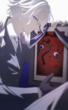 Rule 34 | 1boy, aotsuki eito, black gloves, black jacket, black necktie, black pants, black vest, blue background, commentary, dongur1 0606, eyeball, formal clothes, from side, glasses, gloves, grey hair, hand up, highres, holding, holding photo, iei, jacket, looking at viewer, male focus, necktie, pants, photo (object), purple eyes, shirt, short hair, smile, solo, sweatdrop, the hundred line -last defense academy-, two-tone background, vest, white background, white shirt