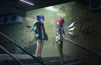 2girls absurdres air_conditioner aqua_eyes arknights arms_at_sides bench black_halo black_horns black_jacket black_pantyhose black_shoes black_shorts black_wings ceiling_light closed_mouth commentary_request detached_wings exusiai_(arknights) eye_contact fur-trimmed_jacket fur_trim graffiti halo hand_in_pocket high_collar highres horns jacket legs_together long_hair long_sleeves looking_at_another mostima_(arknights) multiple_girls open_clothes open_jacket outdoors pantyhose railing red_eyes shoes short_hair shorts siyu_csy smile stairs standing tail tile_wall tiles trash_bag trash_can white_halo white_wings wide_shot wings wooden_bench wristband