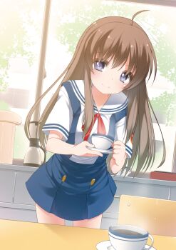 Rule 34 | 1girl, absurdres, blue eyes, blue skirt, brown hair, clannad, coffee maker, commentary request, cowboy shot, cup, dress, highres, hikarizaka private high school uniform, leaning forward, long hair, looking at viewer, miyazawa yukine, pleated dress, sailor collar, school uniform, shirt, shouji ayumu, skirt, solo, suspenders, table, teacup, white sailor collar, white shirt