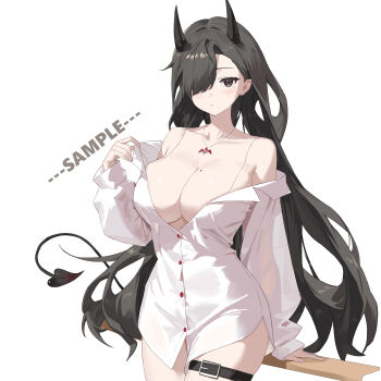 1girl absurdres bare_shoulders belt black_hair black_horns breasts chinese_commentary cleavage closed_mouth collarbone commentary_request cowboy_shot demon_tail hair_over_one_eye hand_up highres horns huge_breasts jewelry long_hair long_sleeves looking_at_viewer mole mole_on_breast mole_under_eye naked_shirt necklace off_shoulder original sample_watermark shirt simple_background solo standing tail thigh_belt thigh_strap watermark white_background youtanhuayuan255