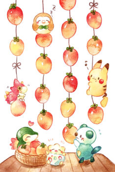 absurdres basket colored_pencil_(medium) commentary_request cyndaquil flying_sweatdrops food food_on_face gen_1_pokemon gen_2_pokemon gen_3_pokemon gen_5_pokemon gen_7_pokemon happy heart highres looking_at_another musical_note nintendo no_humans oshawott painting_(medium) pikachu pokemon pokemon_(creature) rowlet togepi tomato traditional_media watercolor_(medium) white_background wurmple yukichi_0611