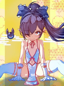 1girl animal_ears backbeako_(torotei) backbeard bare_shoulders black_hair black_ribbon chinese_zodiac closed_mouth clothing_cutout collarbone eyes_visible_through_hair flat_chest gegege_no_kitarou gloves hair_over_one_eye hair_ribbon high_ponytail highres horse_ears light_blush loli long_hair looking_at_viewer naked_tabard navel navel_cutout no_bra no_panties one_eye_closed original pointy_ears ponytail red_eyes revealing_clothes ribbon ribbon-trimmed_thighhighs ribbon_trim sitting smile solo spread_legs tabard thighhighs torotei variant_set very_long_hair white_gloves white_tabard white_thighhighs year_of_the_horse yellow_background