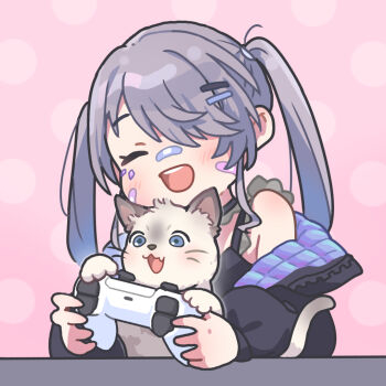 1girl animal baby_animal bandaid bandaid_on_cheek bandaid_on_face bandaid_on_nose black_jacket black_shirt cat closed_eyes collar controller detached_collar frilled_collar frilled_shirt frills game_controller grey_hair holding holding_controller holding_game_controller hololive hololive_english jacket jewel_under_eye john_cat_(koseki_bijou) kitten koseki_bijou koseki_bijou_(casual) long_hair official_alternate_costume official_alternate_hairstyle ogawagawagaw open_mouth playstation_controller quilted_jacket shirt solo twintails virtual_youtuber