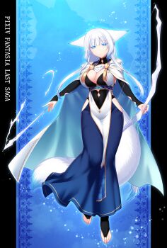 Rule 34 | 1girl, animal ears, blue eyes, blunt bangs, bow (weapon), breasts, cleavage, cloak, closed mouth, clothing cutout, dated, female focus, fox ears, fox tail, full body, hip vent, konshin, large breasts, long hair, looking at viewer, orie mishiro, pillarboxed, pixiv fantasia, pixiv fantasia last saga, shadow, signature, solo, standing, tail, weapon, white hair