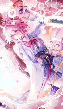 1girl absurdres animal_ears astercatto asymmetrical_sleeves belt black_skirt bow bowtie breasts cherry_blossoms chest_bow choker commentary evanescia_(honkai:_star_rail) falling_petals flower fox_ears fox_girl gloves hair_between_eyes hair_flower hair_ornament highres honkai:_star_rail honkai_(series) jacket lying mismatched_sleeves petals pink_flower pink_hair pink_petals pink_pupils purple_eyes red_bow red_bowtie shirt short_hair_with_long_locks single_glove skirt solo speech_bubble sweat train tree turning_head untranslatable_commentary white_flower white_jacket white_shirt