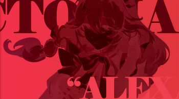 1girl absurdres alexandrina_sebastiane blending bow bowtie braid character_name closed_mouth english_text floating_hair hair_between_eyes half-closed_eyes highres long_hair looking_at_viewer low_twin_braids lyrics maid_headdress mindscape_cinema_(zenless_zone_zero) monochrome neck_ribbon official_art pink_theme puffy_sleeves red_background red_theme ribbon simple_background solo song_name text_background twin_braids upper_body zenless_zone_zero