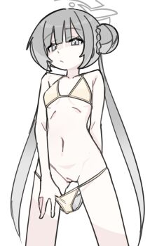 1girl arm_behind_back bikini bikini_pull blue_archive closed_mouth clothes_pull cowboy_shot grey_eyes grey_hair hair_bun halo highres kisaki_(blue_archive) long_hair looking_at_viewer navel pulling_own_clothes pussy simple_background solo swimsuit tsunderemaids twintails uncensored very_long_hair white_background yellow_bikini