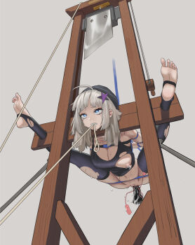 1girl aa-12_(girls&#039;_frontline) ahoge barefoot bdsm beret black_shirt black_thighhighs blue_eyes bondage bound breasts death dildo dozm_(txnmb) execution feet girls&#039;_frontline grey_hair guillotine hat highres imminent_death lactation lactation_through_clothes large_breasts long_hair masturbation mouth_hold nipple_piercing nipples object_insertion piercing predicament_bondage sex_toy shirt soles solo stirrup_legwear thighhighs toeless_legwear toes torn_clothes vaginal vaginal_object_insertion vibrator