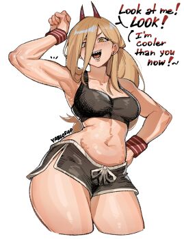 1girl absurdres armpits bare_shoulders blonde_hair breasts chainsaw_man collarbone commentary cropped_legs cross-shaped_pupils demon_girl demon_horns dolphin_shorts english_commentary english_text flexing hair_between_eyes hand_on_own_hip highres horns long_hair_between_eyes looking_down medium_breasts navel ponytail power_(chainsaw_man) red_horns ringed_eyes sharp_teeth shorts solo speech_bubble symbol-shaped_pupils teeth thighs white_background workout_clothes yablofap