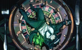 1boy absurdres belt black_belt black_gloves black_hat black_jacket black_necktie black_pants chance_(forsaken) collared_shirt facing_viewer fedora fork forsaken_(roblox) full_body gloves grin hat highres jacket knife namdam096 necktie nervous_smile nervous_sweating pants playe roblox roulette shirt smile solo sunglasses sweat white_shirt