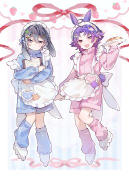 18trip 2boys ahoge androgynous animal_ears apron bee_hair_ornament blue_bow blue_leg_warmers blue_shirt blue_shorts blue_track_suit border bow braid character_name clipboard clover_hair_ornament commentary fang food four-leaf_clover_hair_ornament frilled_apron frills full_body gradient_hair grey_eyes grey_hair hachinoya_nagi hair_between_eyes hair_bow hair_ornament heart heterochromia highres holding holding_clipboard holding_plate jersey_maid kemonomimi_mode leg_warmers looking_at_viewer maid maid_apron maid_headdress male_focus multicolored_hair multiple_boys omelet omurice otorrio pink_hair pink_leg_warmers pink_shirt pink_shorts pink_track_suit plate purple_hair rabbit_ears red_eyes roller_skates shirt shorts side_braids skates skin_fang track_suit unconventional_maid waist_apron white_apron white_border x_hair_ornament yowa_netaro