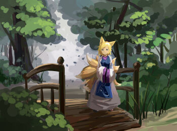 1girl animal_ears black_shoes blonde_hair blue_tabard bridge bush closed_mouth dress facing_viewer fox_ears fox_tail furahata_gen highres kitsune kyuubi leaf long_dress multiple_tails no_headwear own_hands_together shoes short_hair solo standing swept_bangs tabard tail touhou tree white_dress yakumo_ran yellow_eyes
