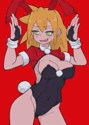 Rule 34 | 1girl, absurdres, animal ears, black leotard, blonde hair, blush, breasts, buzzlyears, cleavage, covered navel, cropped shirt, fake animal ears, fang, fingerless gloves, gloves, green eyes, highleg, highleg leotard, highres, leotard, medium breasts, medium hair, mega man (series), mega man legends (series), nervous sweating, rabbit ears, red background, red shirt, roll caskett (mega man), shirt, simple background, sleeves rolled up, solo, sweat, tears
