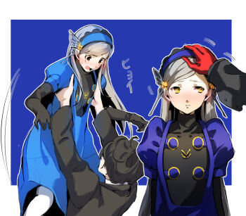 1boy 1girl amamiya_ren black_gloves black_hair black_jacket blue_background blue_dress blue_hairband blush border butterfly_hair_ornament commentary_request dress elbow_gloves flat_chest frilled_hairband frills gloves hair_ornament hairband headpat highres jacket joker_(persona_5) lavenza_(persona_5) lifting_person long_hair looking_at_another looking_to_the_side multiple_views nakano_maru out_of_frame outside_border persona persona_5 red_gloves short_sleeves white_border white_hair yellow_eyes
