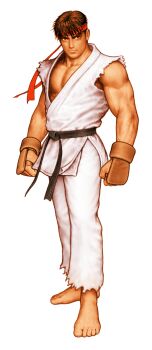 1boy absurdres barefoot black_hair capcom_vs._snk dougi fingerless_gloves game_cg gloves headband highres karate_gi looking_to_the_side male_focus martial_arts_belt mma_gloves mori_toshiaki muscular muscular_male non-web_source official_art red_headband ryu_(street_fighter) short_hair simple_background sleeveless solo street_fighter torn_clothes torn_sleeves v-shaped_eyebrows white_background