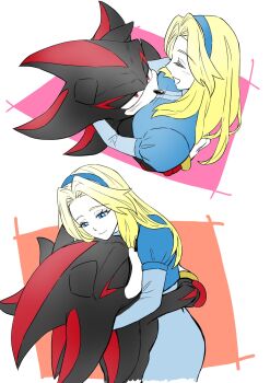 1boy 1girl bei_(dali6006) between_breasts blonde_hair blue_eyes blue_hairband breasts closed_eyes commentary_request face_between_breasts furry furry_male gloves hairband head_between_breasts highres hug maria_robotnik multiple_views red_eyes shadow_the_hedgehog smile sonic_(series) white_gloves