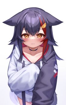 1girl animal_ears black_choker black_hair black_hoodie blush brown_eyes choker closed_mouth commentary_request cowboy_shot deaver highres hololive hood hoodie long_hair long_sleeves looking_at_viewer multicolored_hair ookami_mio ookami_mio_(hoodie) red_hair simple_background solo standing streaked_hair tail tearing_up two-tone_hoodie virtual_youtuber white_background white_hoodie wolf_ears wolf_girl wolf_tail