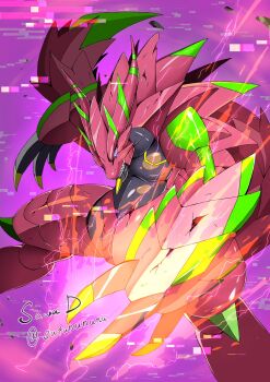 armalizamon armor claws digimon digimon_(creature) digimon_beatbreak electricity glowing_claws highres lizard no_humans pink_armor pink_background purple_eyes sawa_d sharp_teeth simple_background spiked_tail spikes tail teeth