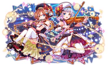 2girls anime_coloring ankle_belt aqua_eyes aqua_gemstone aqua_hair artist_request bare_shoulders beamed_eighth_notes beamed_sixteenth_notes belt belt_buckle beret black_belt black_corset black_footwear black_hat black_shirt black_skirt black_sleeves blonde_hair bow bow_(music) bracelet buckle colored_shoe_soles corset crash_fever crescent crescent_ornament detached_sleeves flute full_body galilei_(crash_fever) galileo_(crash_fever) game_cg gem gold_bracelet gold_buckle gold_trim gradient_clothes gradient_skirt hair_between_eyes hair_bow hair_over_shoulder hat hexagram holding holding_flute holding_instrument holding_violin horizontal-striped_bow instrument jewelry lace lace-trimmed_skirt lace_trim layered_skirt light_brown_hair light_particles loafers long_hair looking_at_viewer low-tied_long_hair multicolored_hair multiple_girls music musical_note musical_note_print number_print numbered octagram official_art open_mouth outline pink_skirt pinstripe_bow pinstripe_pattern playing_instrument print_skirt purple_hair red_bow red_outline shirt shoes short_sleeves side_ponytail sixteenth_note skirt sleeve_bow sparkle sparkle_print square square_print star_ornament strapless strapless_shirt striped_bow tachi-e teardrop-shaped_gem teeth thighhighs third-party_source transparent_background treble_clef two-tone_hair underbust upper_teeth_only violin white_bow white_corset white_hair white_hat white_shirt white_skirt white_sleeves white_thighhighs wide_sleeves yellow_eyes yellow_skirt