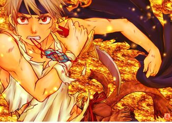 Rule 34 | 1boy, bandaged wrist, bandages, bare shoulders, blue headband, blue jacket, clenched teeth, dagger, dirty, dirty face, final fantasy, final fantasy vi, furrowed brow, grey hair, headband, highres, holding, holding dagger, holding knife, holding unworn jacket, holding weapon, injury, jacket, knife, locke cole, magicfighters, male focus, midriff peek, necklace in mouth, red eyes, shirt, short hair, solo, teeth, torn clothes, torn shirt, upper body, weapon, white shirt