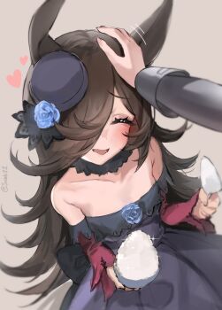 Rule 34 | 1girl, 1other, absurdres, animal ears, bare shoulders, blue flower, blue rose, blush, bowl, breasts, brown hair, closed eyes, collarbone, dress, flipped hair, flower, hair over one eye, hat, hat flower, headpat, heart, highres, holding, horse ears, horse girl, horse tail, long hair, long sleeves, looking at viewer, off-shoulder dress, off shoulder, open mouth, purple dress, rice, rice bowl, rice shower (rosy dreams) (umamusume), rice shower (umamusume), rose, shamoji, simple background, smile, sobbi11, solo, tail, tilted headwear, umamusume