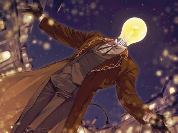 Rule 34 | 1boy, brown coat, brown gloves, brown shirt, brown vest, coat, cowboy shot, den a rue, dutch angle, gloves, indie virtual youtuber, light bulb, male focus, night, object head, outdoors, outstretched arms, shirt, sky, solo, spread arms, standing, star (sky), starry sky, tail, tkt tru, town, vest