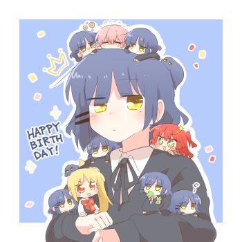 6+girls :d ahoge black_jacket black_ribbon blue_background blue_hair blush bocchi_the_rock! border chibi closed_mouth collared_shirt commentary_request gotoh_hitori hair_ornament hairclip happy_birthday ijichi_nijika jacket kita_ikuyo long_hair looking_at_viewer mini_person minigirl multiple_girls multiple_persona neck_ribbon one_side_up open_mouth outline outside_border parallel_hairclips pink_hair rebecca_(keinelove) red_eyes red_hair ribbon shirt short_hair side_ponytail simple_background smile white_border white_outline white_shirt yamada_ryo yellow_eyes