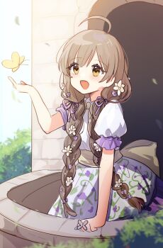 Rule 34 | 1girl, ahoge, balcony, blue dress, blunt bangs, blurry, blush, braid, brown eyes, brown hair, bug, bush, butterfly, castle, depth of field, dress, eyelashes, falling leaves, floral print, flower, frilled sleeves, frills, hair flower, hair ornament, hair ribbon, hakozaki serika, hand on railing, highres, idolmaster, idolmaster million live!, idolmaster million live! theater days, insect, leaf, light blush, long hair, low twin braids, nnnn, open mouth, outdoors, puffy short sleeves, puffy sleeves, purple trim, ribbon, short sleeves, sky, smile, solo, stone wall, twin braids, very long hair