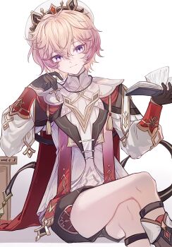 1boy ahe63011 beret black_boots black_capelet black_gloves black_ribbon black_shorts book boots cape capelet chinese_commentary closed_mouth commentary_request cross cross_necklace crossed_legs dahlia_(genshin_impact) dated eyelashes genshin_impact gloves gold_trim hair_between_eyes hands_up hat highres holding holding_book jewelry long_sleeves looking_at_viewer male_focus necklace open_book pink_hair puffy_long_sleeves puffy_sleeves purple_eyes red_cape red_ribbon ribbon shirt short_hair short_shorts shorts simple_background sitting smile solo tassel white_background white_hat white_shirt