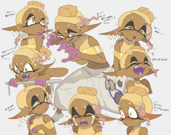 Rule 34 | 1girl, blonde hair, blush, breasts, closed eyes, colored eyelashes, colored fingertips, colored tongue, commentary request, crop top, crying, dark-skinned female, dark skin, drooling, earrings, fangs, frye (splatoon), harem pants, highres, inkling, jewelry, laughing, long pointy ears, multiple earrings, multiple expressions, multiple views, nintendo, open mouth, pants, pointy ears, purple tongue, shawl, shouting, splatoon (series), splatoon 3, sweatdrop, tentacle hair, thinking, tooth earrings, white background, yellow eyes, yellow shawl, yuta agc