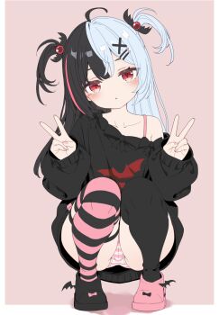 1girl ahoge analog_kenshi_(moto) black_hair black_shirt breasts commentary_request double_v hair_ornament hairclip lacrimosa_(new_moon_lullaby)_(nte) lacrimosa_(nte) long_hair looking_at_viewer multicolored_hair neverness_to_everness official_alternate_costume open_mouth panties pink_panties pink_streaks pink_thighhighs shirt small_breasts solo split-color_hair streaked_hair thighhighs twintails underwear v very_long_hair white_hair x_hair_ornament