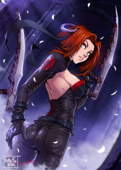 1girl bloodrayne bloodrayne_(videogame) dated dhampir green_eyes half-human kate-fox red_hair short_hair solo undead vampire weapon