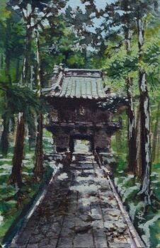 brick_floor day grass highres no_humans obanyaki original painting_(medium) path road scenery shadow shrine traditional_media tree tree_shade watercolor_(medium)