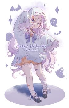 1girl absurdres aino_(genshin_impact) blue_eyes crxcdj full_body genshin_impact ghost_costume ghost_pose hair_ornament hairclip halloween halloween_costume happy_halloween highres jack-o&#039;-lantern long_hair looking_at_viewer pink_hair pumpkin sleeves_past_fingers sleeves_past_wrists solo