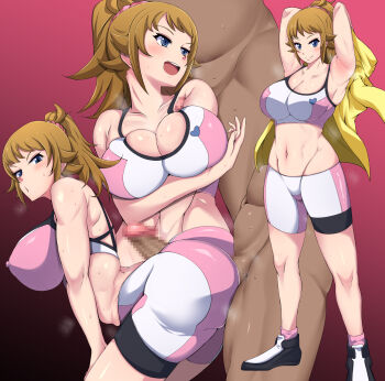 1boy 1girl armpit_sex armpits arms_behind_head ass bare_shoulders bike_shorts blue_eyes breasts brown_hair buttjob buttjob_over_clothes full_body grinding gundam gundam_build_fighters gundam_build_fighters_try highres hoshino_fumina huge_ass itomaruzz large_breasts long_hair looking_back midriff multiple_views navel penis penis_on_ass ponytail ptrj4222 red_background smile solo_focus sports_bra sweat toned