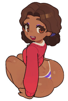 ass brown_eyes brown_hair cassie_(fnaf) dark_skin five_nights_at_freddy's panties shirt smile underwear yono51