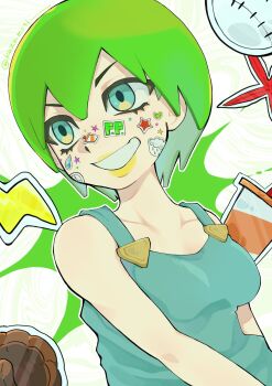 Rule 34 | 1girl, aqua eyes, blue eyes, breasts, clock, commentary, foo fighters (jojo), green eyes, green hair, green lips, grin, highres, jojo no kimyou na bouken, kuzumoti (twitter), makeup, medium breasts, overalls, short hair, smile, solo, star (symbol), star sticker, sticker, sticker on face, stone ocean, twitter username, untranslatable commentary, upper body