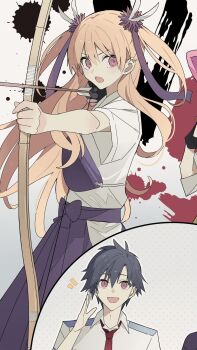 Rule 34 | 1boy, 1girl, alisa reinford, archery, arrow (projectile), black hair, blonde hair, bow, bow (weapon), double-parted bangs, eiyuu densetsu, feather hair ornament, feathers, floating hair, george man, gloves, hair between eyes, hair ornament, highres, holding, holding arrow, holding bow (weapon), holding weapon, kyuudou, long hair, muneate, necktie, parted bangs, partially fingerless gloves, partly fingerless gloves, rean schwarzer, red eyes, red necktie, sen no kiseki (series), sen no kiseki i, short hair, smile, two side up, weapon, yugake, yumi (bow)