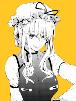 1girl bonkara_(sokuseki_maou) breasts commentary_request dress greyscale greyscale_with_colored_background hair_between_eyes hat long_sleeves looking_at_viewer mob_cap monochrome orange_background ribbon simple_background solo touhou upper_body yakumo_yukari