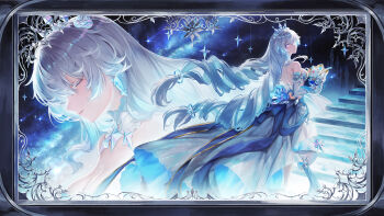 1girl back bare_shoulders blue_eyes blue_hair breasts cleavage commentary dress earrings english_commentary gradient_hair highres honkai_(series) honkai_impact_3rd jewelry kiana_kaslana kiana_kaslana_(ba-dum!_fiery_wishing_star) kiana_kaslana_(wintery_wishes) large_breasts long_dress long_hair looking_at_viewer looking_to_the_side maoh_yueer multicolored_hair multiple_views official_alternate_costume purple_pupils rice_cake_(honkai_impact) shoulder_blades star-shaped_pupils star_(symbol) symbol-shaped_pupils tiara very_long_hair white_dress white_hair