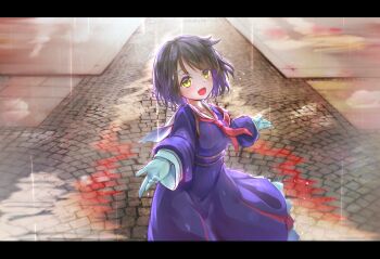 1girl :d black_hair blue_dress blush commentary_request dress girls'_frontline gloves green_eyes highres letterboxed long_sleeves looking_at_viewer neckerchief open_mouth outdoors pavement puddle rain red_neckerchief sailor_collar satsuki_(swkerc) short_hair smile solo type_4_(girls'_frontline) white_gloves white_sailor_collar